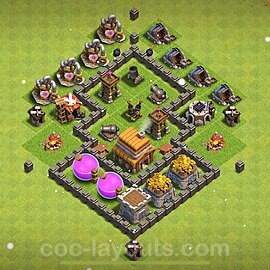Anti Everything TH4 Base Plan with Link, Hybrid, Copy Town Hall 4 Design 2024, #132