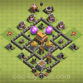 Base plan TH4 Max Levels with Link, Anti Everything, Hybrid for Farming, #49