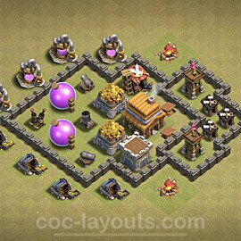 TH4 Max Levels CWL War Base Plan with Link, Hybrid, Copy Town Hall 4 Design, #15
