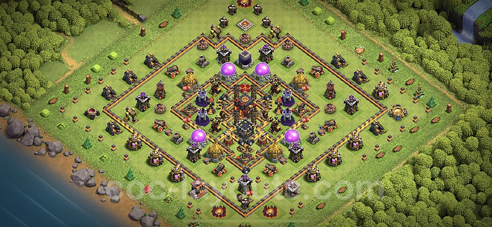 TH10 Trophy Base Plan with Link, Hybrid, Copy Town Hall 10 Base Design 2023, #238