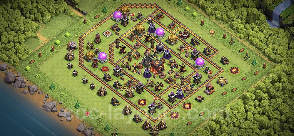 TH10 Trophy Base Plan with Link, Hybrid, Copy Town Hall 10 Base Design 2023, #242