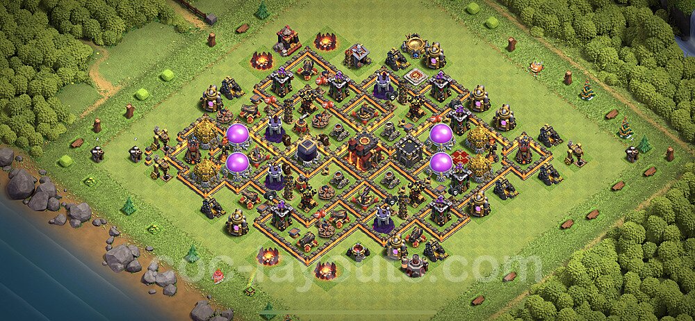 TH10 Trophy Base Plan with Link, Hybrid, Copy Town Hall 10 Base Design 2023, #245