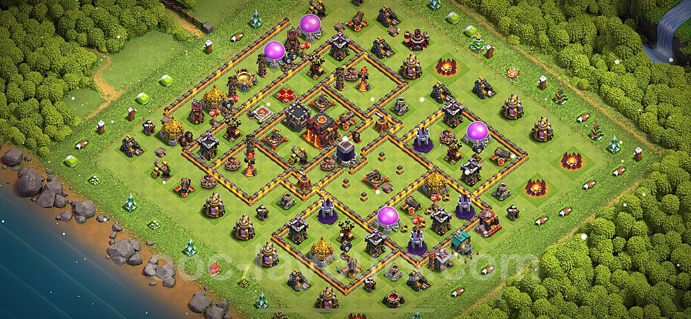 TH10 Trophy Base Plan with Link, Hybrid, Copy Town Hall 10 Base Design 2023, #264