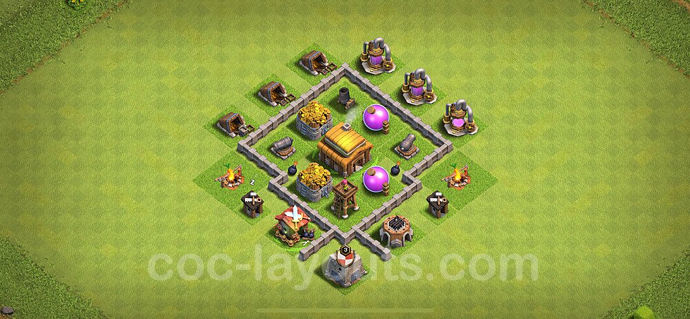 TH3 Trophy Base Plan, Hybrid, Town Hall 3 Base Design 2024, #100