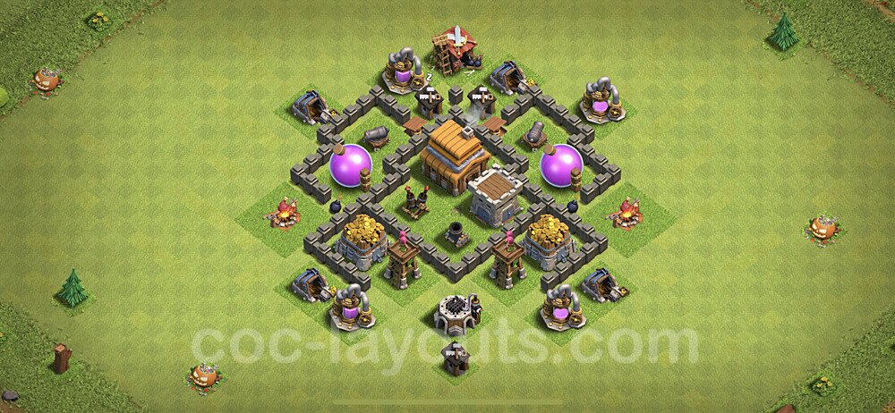 Top TH4 Unbeatable Anti Loot Base Plan with Link, Anti Air, Copy Town Hall 4 Base Design, #114