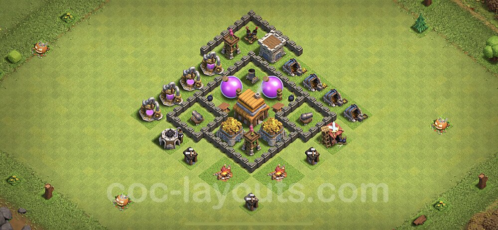 Anti Everything TH4 Base Plan with Link, Hybrid, Copy Town Hall 4 Design 2021, #118