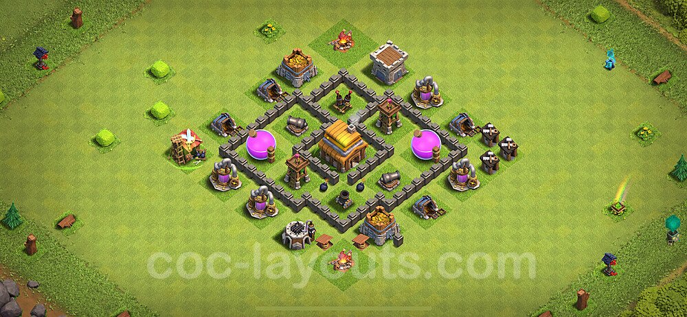 Anti Everything TH4 Base Plan with Link, Hybrid, Copy Town Hall 4 Design 2024, #126