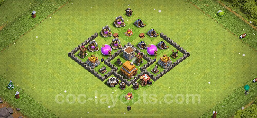 Anti Everything TH4 Base Plan with Link, Hybrid, Copy Town Hall 4 Design 2023, #127