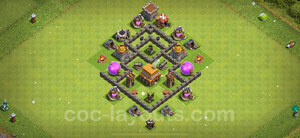 TH4 Trophy Base Plan with Link, Anti 3 Stars, Anti Everything, Copy Town Hall 4 Base Design 2023, #129