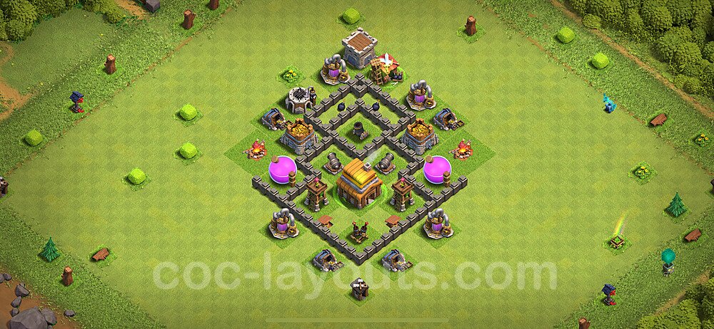 TH4 Trophy Base Plan with Link, Anti 3 Stars, Anti Everything, Copy Town Hall 4 Base Design 2024, #129