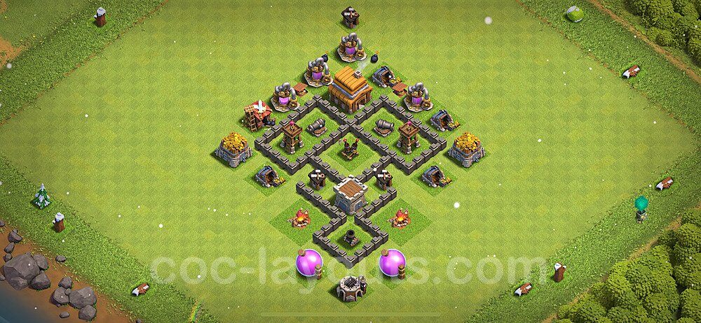 TH4 Anti 3 Stars Base Plan with Link, Copy Town Hall 4 Base Design 2024, #130