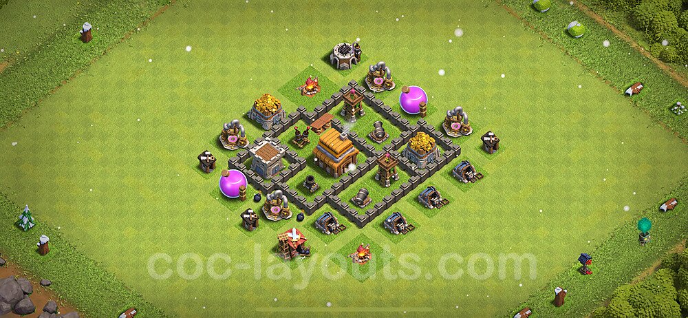 Full Upgrade TH4 Base Plan with Link, Anti 3 Stars, Copy Town Hall 4 Max Levels Design 2024, #133