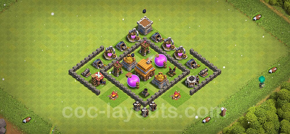 Base plan TH4 (design / layout) with Link, Anti 3 Stars, Hybrid for Farming 2023, #114