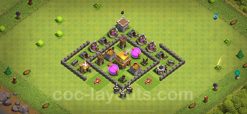 Base plan TH4 (design / layout) with Link, Anti 3 Stars, Hybrid for Farming 2024, #114