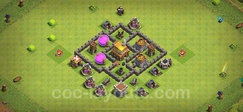 Base plan TH4 (design / layout) with Link, Anti 3 Stars, Hybrid for Farming 2024, #119