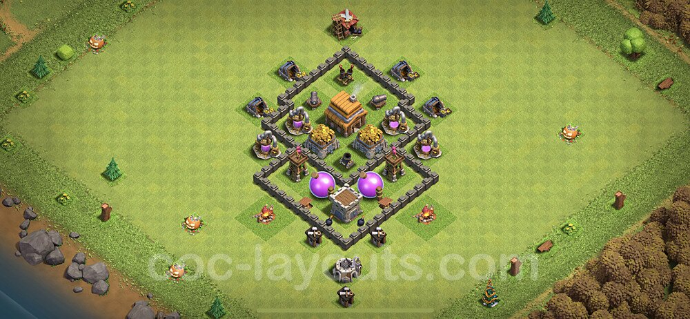 Base plan TH4 (design / layout) with Link, Anti Everything, Hybrid for Farming, #48