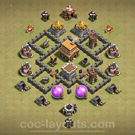 TH4 Anti 2 Stars CWL War Base Plan with Link, Anti Everything, Copy Town Hall 4 Design, #4