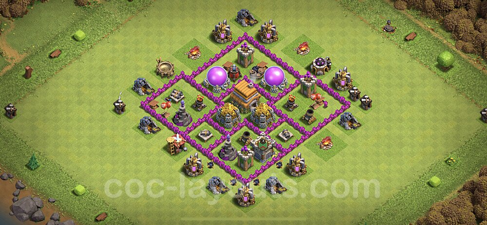 Base plan TH6 Max Levels with Link, Anti Everything, Hybrid for Farming, #144