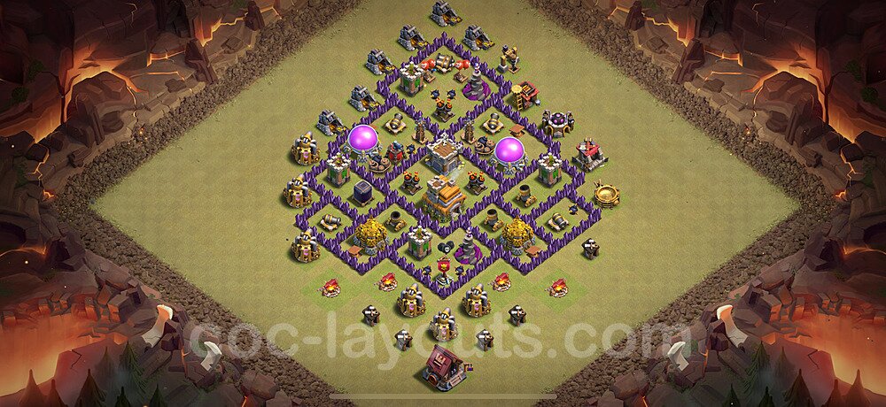 TH7 Anti 2 Stars CWL War Base Plan with Link, Hybrid, Copy Town Hall 7 Design 2025, #157