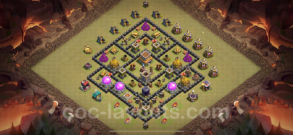 Diseño de aldea para Guerra Anti 2 Estrellas Ayuntamiento 8 Copiar, Anti Todo - COC TH8 Perfecta Distribucion 2024 + Enlace - #90